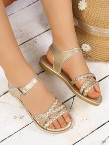 2026 New Arrival Summer Fashionable Shiny Gold Woven Strap Women Sandals - Gold - View 3