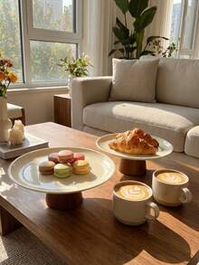 1pc High Stem Stainless Steel Serving Tray, Suitable For Dining Table, Restaurant, Kitchen, Party, Birthday - Wooden Stand, White Stainless Steel Tray - View 5