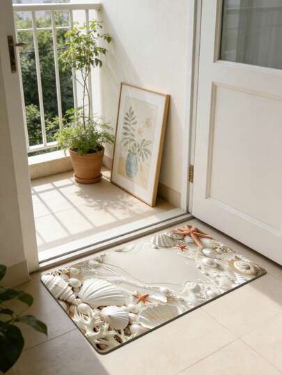 1pc Ocean-Themed Beach Shell Floor Mat, 3D Embossed Design With Seashells, Starfish And Pearls Appearing From The Sea Surface, Delicate Texture And Rich Visual Layers, Transforming The Bathroom Into A Seaside Resort. Made Of High-Quality Diatomite Fabric, Quick-Drying And Non-Waterlogging, Easy To Clean By Wiping Or Machine Washing. Suitable For Doormats, Small Rugs, Welcome Mats, Floor Mats, Outdoor Doormats, Kitchen Rugs, Home Decor, Front Doormats, Outdoor Area Rugs, Home Decor, Area Rugs, Garden Rugs, Washable Carpets