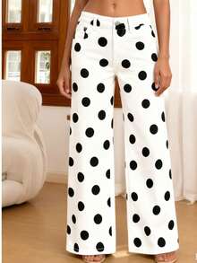 Pantalones rectos de primavera casuales con bolsillo delantero elástico a lunares en estilo retro dulce y nuevo - Blanco - Ver 4