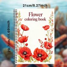 升级创新版，螺旋装订，可容纳20张厚纸，春季红色野花和简约大胆的花卉图案涂色书，生日、派对或圣诞节的完美趣味礼物 - A4 - 查看 7