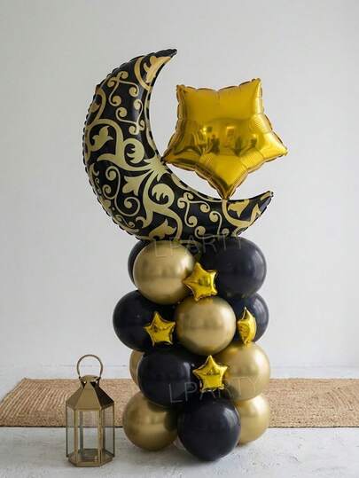 24pcs/Set 28-Inch Giant Black & Gold Moon Shape Foil Balloons, Suitable For Eid Al-Adha Party Decor, 18-Inch & 5-Inch Gold Star Balloons, 10-Inch Gold & Black Latex Balloons, Ideal For Eid Balloon Arch, Baby Shower, Birthday, Gender Reveal Party Decorations, Home Gathering Supplies