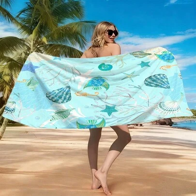 1 pieza Toalla de playa de microfibra ultrasuave y colorida con estampado de vida marina, adecuada para playa, piscina, camping y viajes, baño, fitness, yoga. Toalla de playa de moda, súper absorbente, ligera y portátil, protección contra el viento y el sol, anti-arena para viajes de verano, decoración de baño