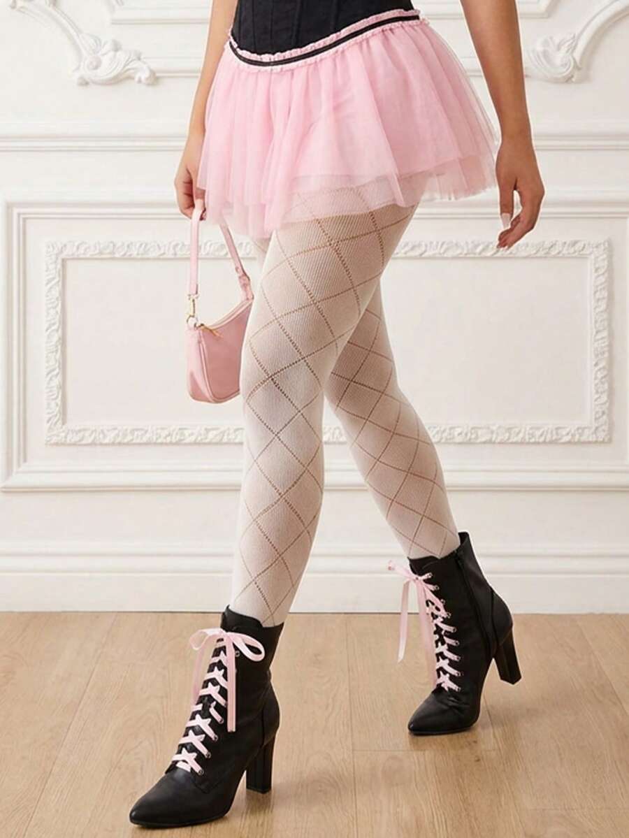 1件装女士菱格纹交叉透明连裤袜，灰白色，显腿细，适合体重40-60公斤 - 奶白色 - 查看 1