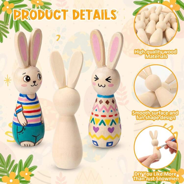 1/5/10pcs Unfinished Wooden Easter Bunny Doll Shapes, Natural Wood Blank For DIY Crafts, Easter Decoration, Art And Home Party Decor - View 3