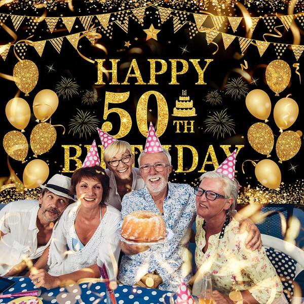 1 طقم، خلفية عيد ميلاد السنة ال- 50 السعيد قماش كبير أسود وذهبي لافتة علامة عيد ميلاد السنة ال- 50 خلفية صور بوث التصوير مع حبل للرجال والنساء ديكورات حفلة عيد ميلاد السنة ال- 50، 31.5*47 بوصة، خلفية بالونات أسود وذهبي لحفلة عيد ميلاد المرأة الرائعة بالسنة ال- 50
