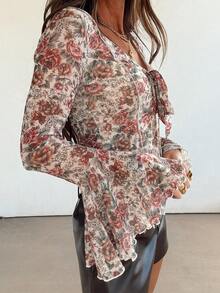 春季花卉印花V领喇叭袖女式上衣 - 彩色 - 查看 4