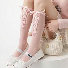 薄款芭蕾舞式交叉绑带小腿袜，洛丽塔蝴蝶结过膝袜，芭蕾舞式绑带网眼小腿袜，透明渔网缎带过膝袜 - 彩色 - 查看 6