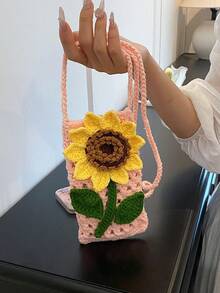 Handmade Crochet Cute And Fresh Sunflower Bag, Knitted Hollow-Out Shoulder Bag, Suitable For Parties, Weddings, And Daily Wear, Comes With A Small Gift - 綠色 - 查看 1