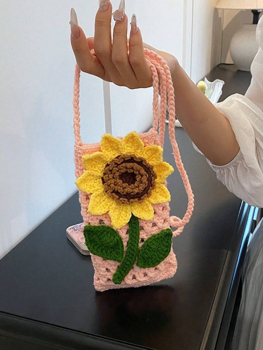 Handmade Crochet Cute And Fresh Sunflower Bag, Knitted Hollow-Out Shoulder Bag, Suitable For Parties, Weddings, And Daily Wear, Comes With A Small Gift - 綠色 - 查看 1