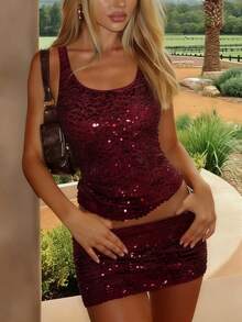 Women's Slim Sequin Two-Piece Outfit Sexy Sleeveless Y2K U-Neck Tankini Top And Mini Skirt For Club Party - 酒紅色 - 查看 1