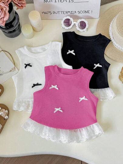 Set de 3 piezas: Camiseta de tirantes acanalada con ribete de encaje, top casual con lazo, versátil para primavera/verano al aire libre para niña
