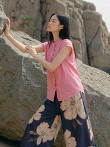 Y6Y New Summer Women Pink Open Front Button Minimalist Blouse Shirt - Pink - View 6