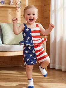 4th Of July Toddler Girl Outfit Strip Star Printed Sleeveless Tops Elastic Waist Shorts Girls Summer Clothes - Màu xanh lam - Xem 6