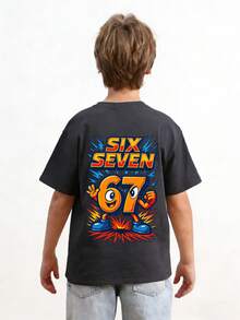 Tween Boy "Six Seven" 67 Cartoon Graphic Print T-Shirt, Suitable For Boys Street, Campus, Event, Daily Wear, Fashionable Summer Top - Dark Grey - View 2