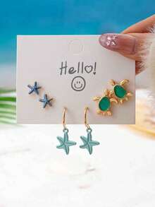 Bộ 3 đôi bông tai hình rùa biển và sao biển chủ đề kỳ nghỉ hè cho nữ, kiểu dáng bohemian tối giản, kiểu dáng đinh tán và thả, trang sức chủ đề đại dương. - Nhiều màu - Xem 7