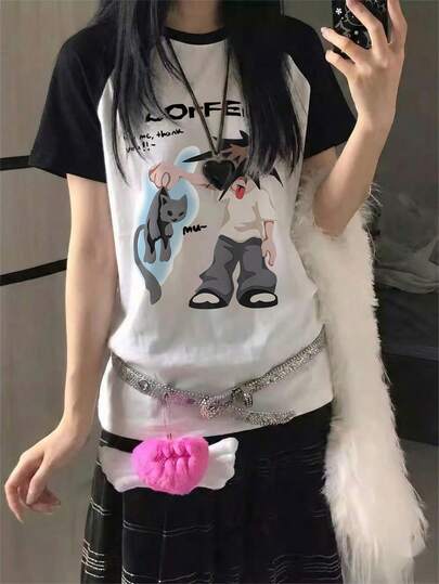2026夏季新款休闲宽松纯棉圆领撞色拼接插肩袖T恤，可爱动漫印花趣味甜美百搭Y2K风格女童上衣