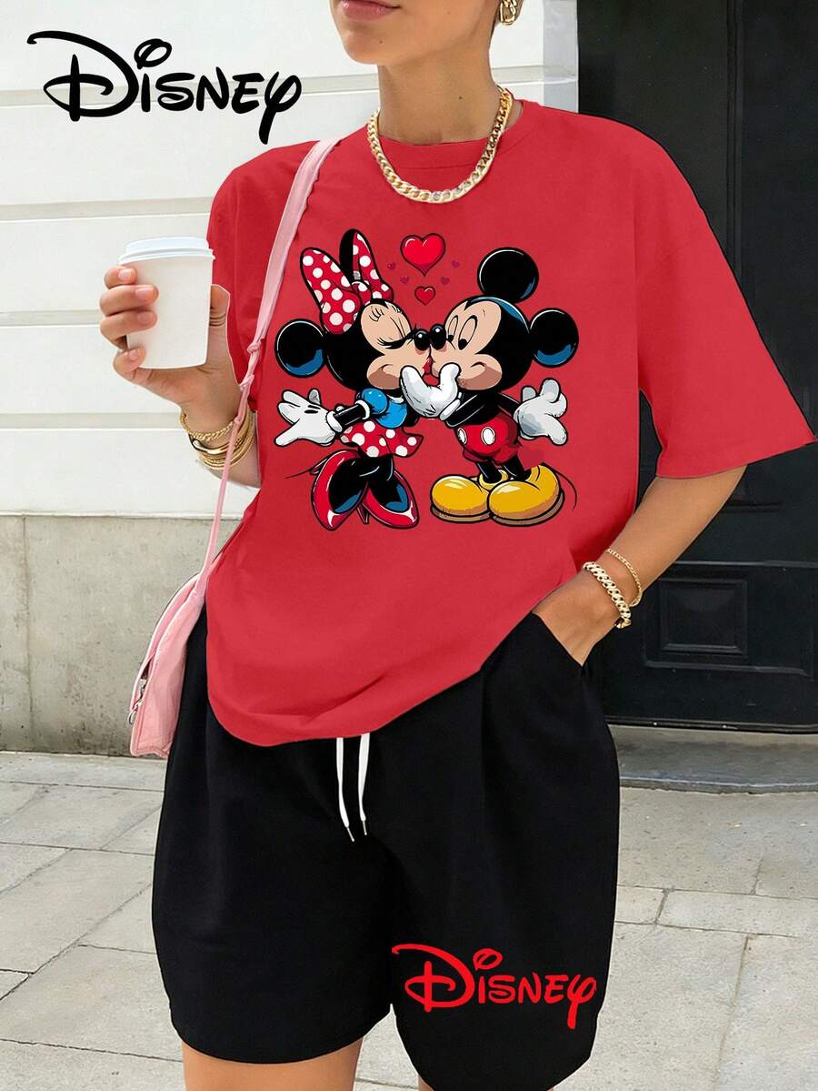 Disney Women's Summer Short Sleeved Shorts Two-Piece Set, Suitable For Both Sports And Leisure, Suitable For Daily Outdoor Wear, Featuring Atmosphere Print Design - 紅色 - 查看 1
