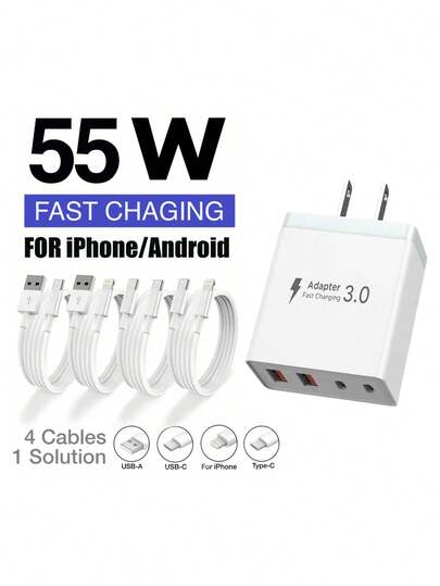 Cargador superrápido de 55 W con 4 puertos - 2 puertos USB-A + 2 puertos USB-C, con opción de cables de carga rápida de 3.3 pies (1 m) de USB-C a USB-C / USB-C a Lightning / USB-A a USB-C / USB-A a Lightning. Varias configuraciones de cables disponibles, totalmente compatible con la línea de 17/16/15/14/13/12 y compatible con la serie Galaxy S25/S24/S23/S22. Perfecto para uso en el hogar, la oficina y los viajes.