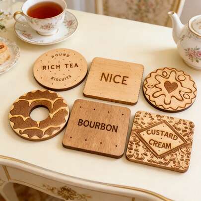 6pcs Classic Wooden Coasters | Bourbon Whiskey, Custard Cream, English Breakfast Tea, Jam Sandwich Biscuit Decorated Coasters - Handmade Wooden Home Decor - Housewarming Gift - Decorative Plaques And Ornaments