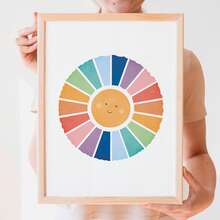 1幅水彩太阳图案帆布海报，彩虹主题房间墙面装饰画，水彩幼儿园版画帆布画，幼儿园墙面装饰画，太阳主题墙面装饰画，女孩房装饰，卧室装饰，可选画框 - 彩色 - 查看 2