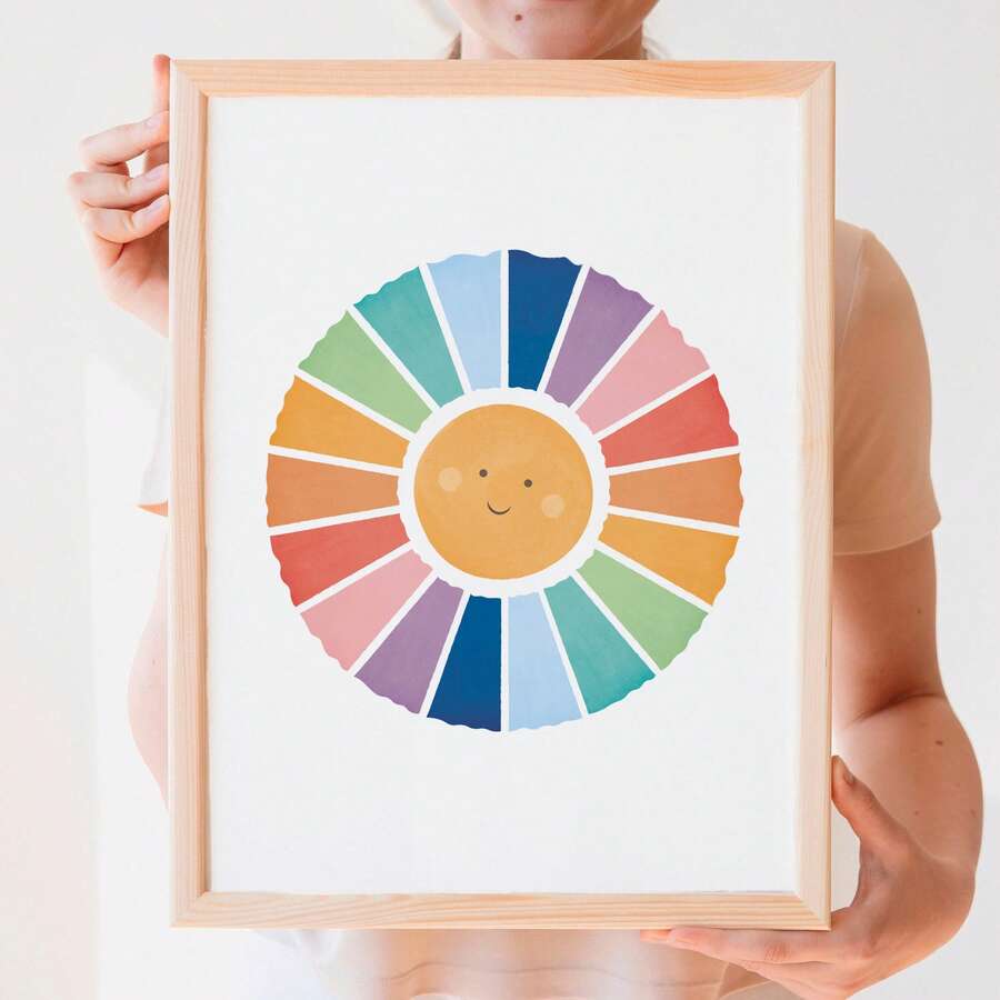 1幅水彩太阳图案帆布海报，彩虹主题房间墙面装饰画，水彩幼儿园版画帆布画，幼儿园墙面装饰画，太阳主题墙面装饰画，女孩房装饰，卧室装饰，可选画框