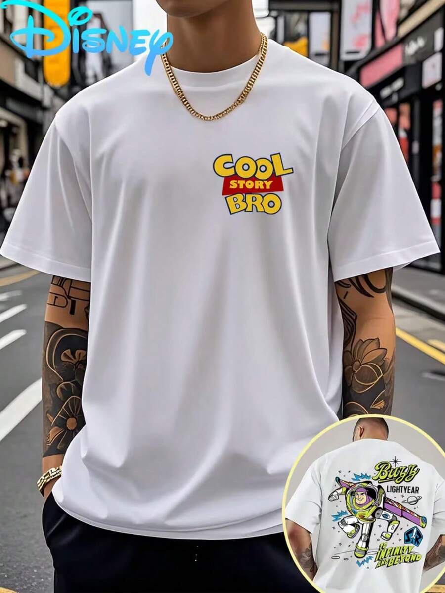 Officially Authorized By Disney, Men's Summer Casual Short-Sleeved T-Shirt-"Toy Story" Buzz Lightyear Theme Printing, Breathable Fit Outdoor Sports And Home Leisure, Machine Washable T-Shirt, Comfortable Fabrics, Fashionable Design, Durable Materials, Vibrant Life. - White - View 1