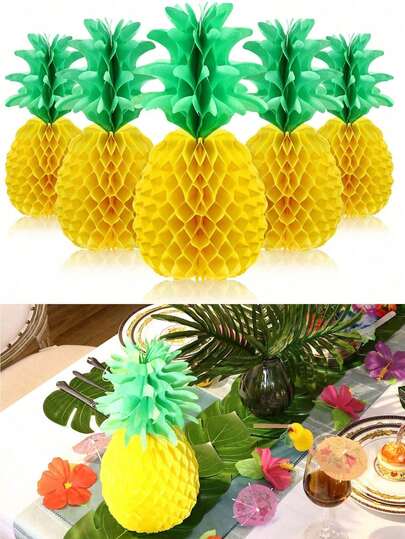 4pcsLarge Size (36cm/14.17in)-Holiday Pineapple Honeycomb Center Decoration Paper Napkins Pineapple Table Hanging Decoration Tropical Hawaiian Jungle Party