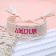 1条手工刺绣法式“AMOUR”创意编织复古风格手链，适合情侣佩戴，节日礼物，祝福绳 - 米色 - 查看 5