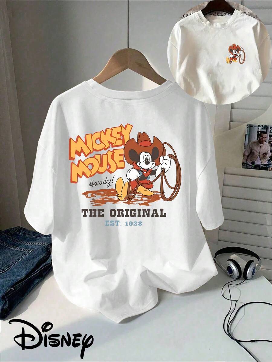 Disney Classic Cartoon Denim Mickey Double-Sided Printed T-Shirt, Short Sleeved Round Neck Casual Top, Suitable For Summer And Spring, Short Sleeved Top, Women's Clothing - trắng - Xem 1
