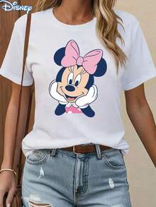 [Disney Licensed] Minnie Mouse Print Women's T-Shirt, Casual And Stylish Round Neck Short Sleeve Summer Top, Girls' Personalized College Style Cartoon Breathable Sports Shirt, Outdoor Daily Casual Wear - 白色 - 查看 1