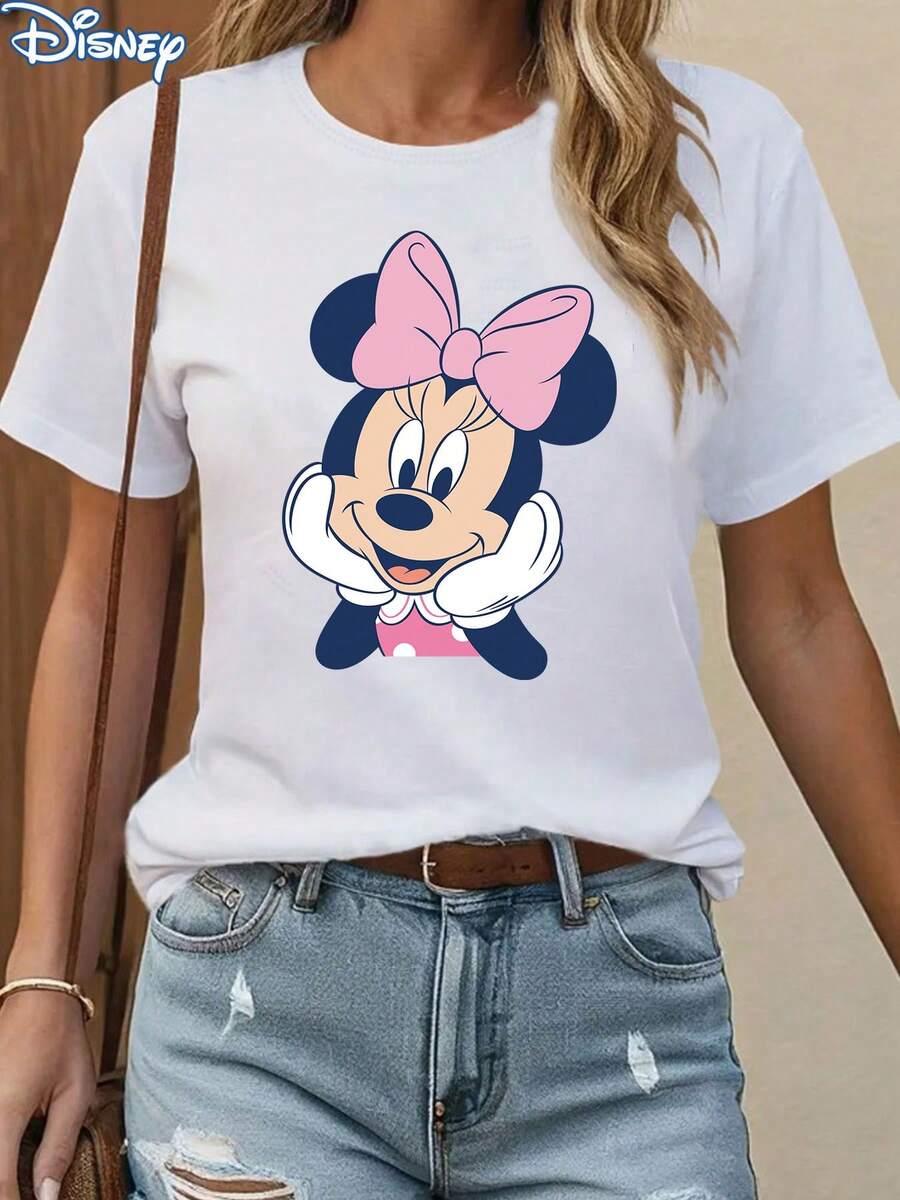 [Disney Licensed] Minnie Mouse Print Women's T-Shirt, Casual And Stylish Round Neck Short Sleeve Summer Top, Girls' Personalized College Style Cartoon Breathable Sports Shirt, Outdoor Daily Casual Wear - 白色 - 查看 1