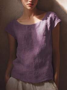 女士休闲短袖T恤，宽松圆领上衣 - 紫色 - 查看 6