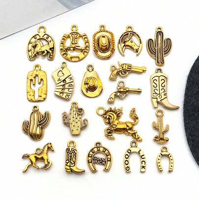 20Pcs Western Cowboy Jewelry Making Kit, Alloy Vintage Gold Plated Charms Including Cowboy Boots, Hats, Horses, Cactus & More. Perfect For DIY Bracelet Pendants Or Western-Themed Decorations.