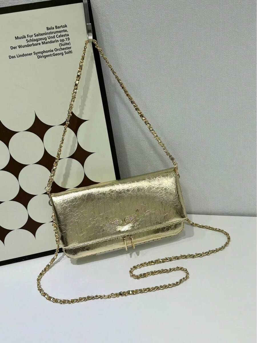 New Women's Chain Rhinestone Wing Envelope Bag, Fashionable And Versatile, Small Square Shoulder Bag/Crossbody Bag. - Gold - View 1
