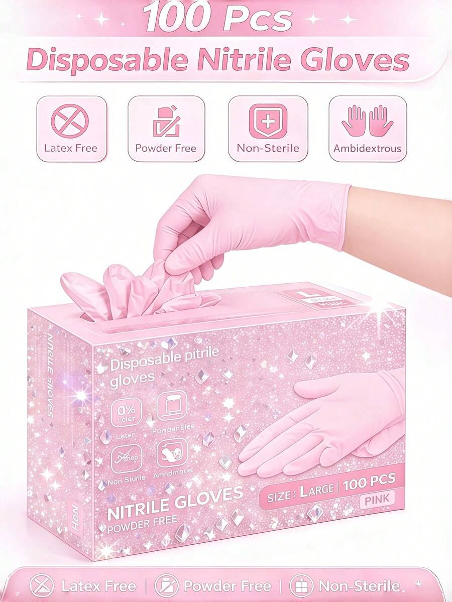 无粉粉色一次性丁腈手套，无盒包装，耐用家用清洁手套，不含乳胶，防水，防静电，多用途手套，亚麻指尖，适用于染发、美容、绘画、艺术创作、家居清洁、厨房、浴室、家居装饰、节日礼物、派对礼品。尺码：S、M、L、XL