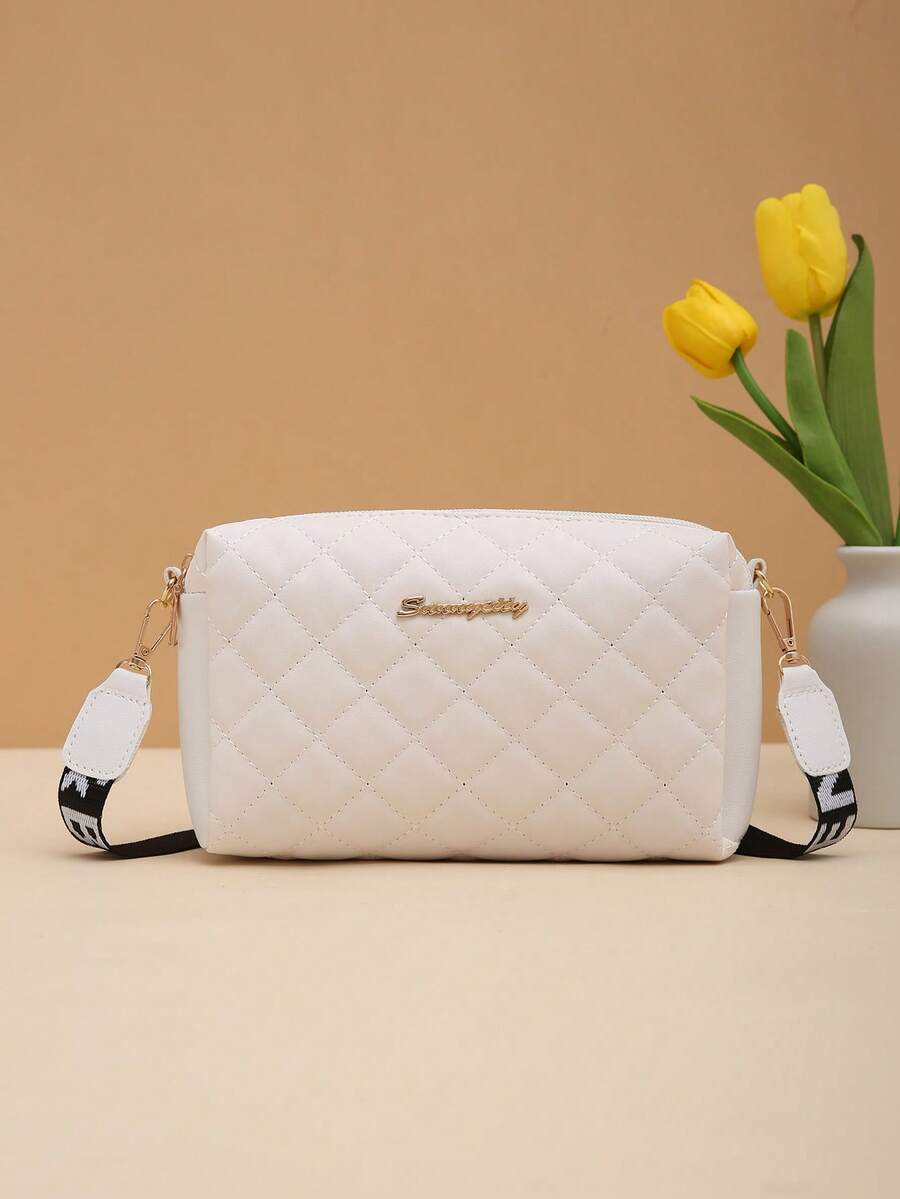 Double-Zipper One Shoulder Bag For Women, Minimalist Fashion Quilted Embroidery Crossbody Bag, Versatile Large Capacity Small Handbag - White - View 1