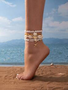9pcs Resin Alloy Starfish Pendant Multilayer Bead Chain Anklet Set, Women Summer Beach Vacation Daily Wear - Multicolor - View 1