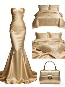 1块高光香槟金缎面面料，适用于连衣裙、旗袍、设计师DIY - 香檳金 - 查看 6