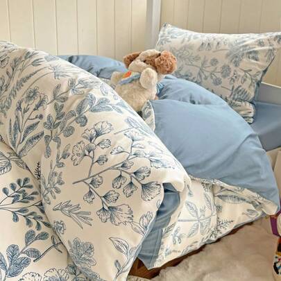 四件套鼠尾草花卉图案被套床单套装，柔软水洗美学床上用品套装，可爱植物叶子印花被套，田园风宿舍装饰