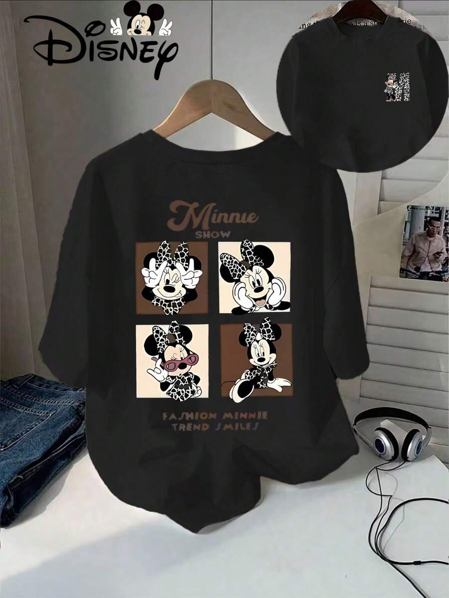 Disney Minnie Mouse, Minnie Show, Leopard Print, Double-Sided Print,  Smiles, Disney T-Shirt, Graphic Tee, Summer T-Shirt, Women's Top, Oversized Fit, Retro Style, Fashion Casual, New Arrival, Crew Neck, Disney Merch - Black - View 1