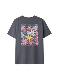 Women's Letter Print Round Neck Short Sleeve-Shirt, Casual Loose Versatile Vacation Style Top, Suitable Daily Wear, Vacation And Summer Fashion - 深灰色 - 查看 3