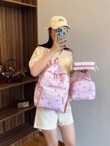 3件組尼龍蝴蝶結印花背包套裝，可折疊多口袋大容量拉鍊背包，適合青少年、高中生、大學生、女性日常使用、通勤、旅行，情人節禮物 - 粉色 - 查看 5