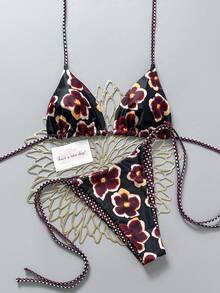 Bộ bikini 2 mảnh họa tiết hoa phối màu cổ điển, thích hợp cho bãi biển, hồ bơi, du thuyền, tiệc tùng trong kỳ nghỉ xuân và hè. - Đen và tím - Xem 2