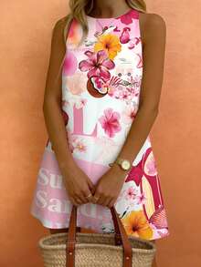 Women's Floral, Starfish, Coconut Juice & Letter Print Sleeveless Casual Vacation Dress, Spring/Summer - Multicolor - View 4