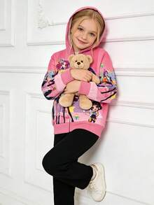 KPop Girls' Demon Hoodie Hunters  Sweatshirt, Stylish And Cute Cartoon Pattern Long-Sleeved Zip-Up Hooded Jacket - 玫紅 - 查看 2