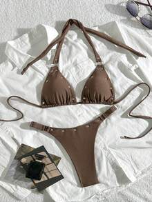 Bộ bikini nữ dây mảnh buộc gợi cảm, trang trí đinh tán, co giãn cao 2 mảnh, phù hợp cho bãi biển và hồ bơi trong kỳ nghỉ hè - Màu Khaki - Xem 3