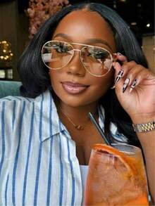 一副女士金属椭圆框复古双梁时尚飞行员眼镜，适合度假、海滩、街头风、海滨度假村、户外旅行 - 彩色 - 查看 2