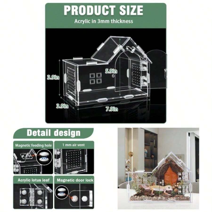 . 9 Inch*3.9 Inch*5.9 Inch Jumping Spider Enclosure Acrylic Habitat With Magnetic Doors Ventilation - Spider Cage Pet Tarantula, Mantis, Reptiles With Accessories - Transparent Color-7.9" ,W 3.9",H 5.9" - View 1
