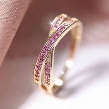 1pc Fashionable Minimalist Full Circle Zirconia Ring For Women, Daily Wear & Holiday Gift - Gold-red - View 14